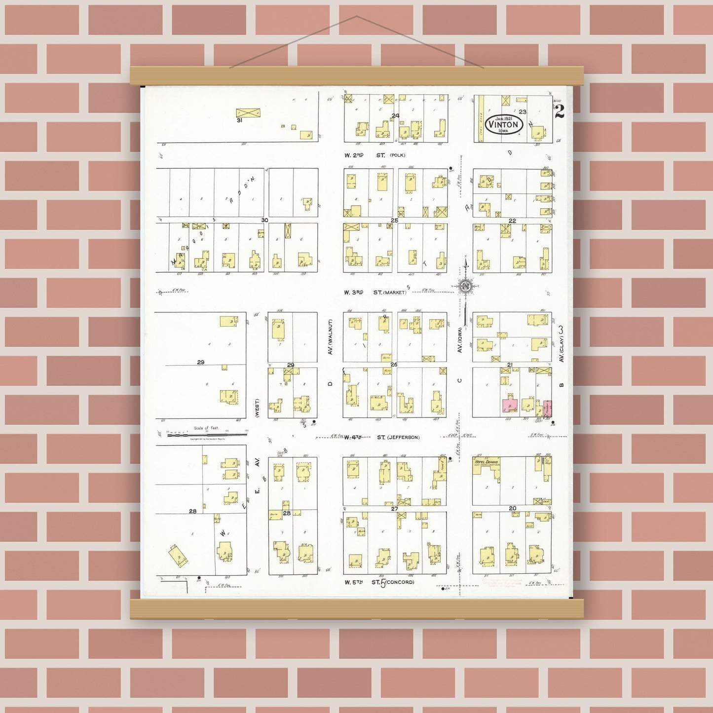 Old map wall art mockup — magnetic wood frame on brick wall — Sanborn Fire Insurance Map from Vinton, Benton County, Iowa (1921), Sheet #0002