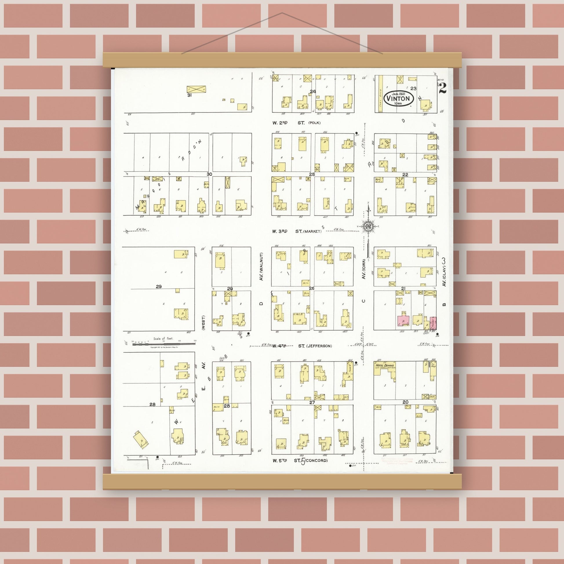 Old map wall art mockup — magnetic wood frame on brick wall — Sanborn Fire Insurance Map from Vinton, Benton County, Iowa (1921), Sheet #0002