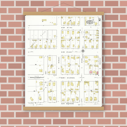 Old map wall art mockup — magnetic wood frame on brick wall — Sanborn Fire Insurance Map from Vinton, Benton County, Iowa (1921), Sheet #0002