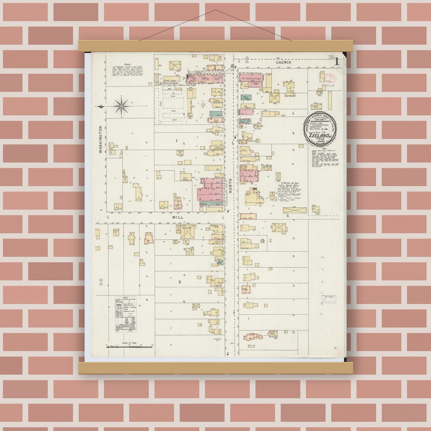 Old map wall art mockup — magnetic wood frame on brick wall — Sanborn Fire Insurance Map from Zeeland, Ottawa County, Michigan (1895) - Complete Map Set