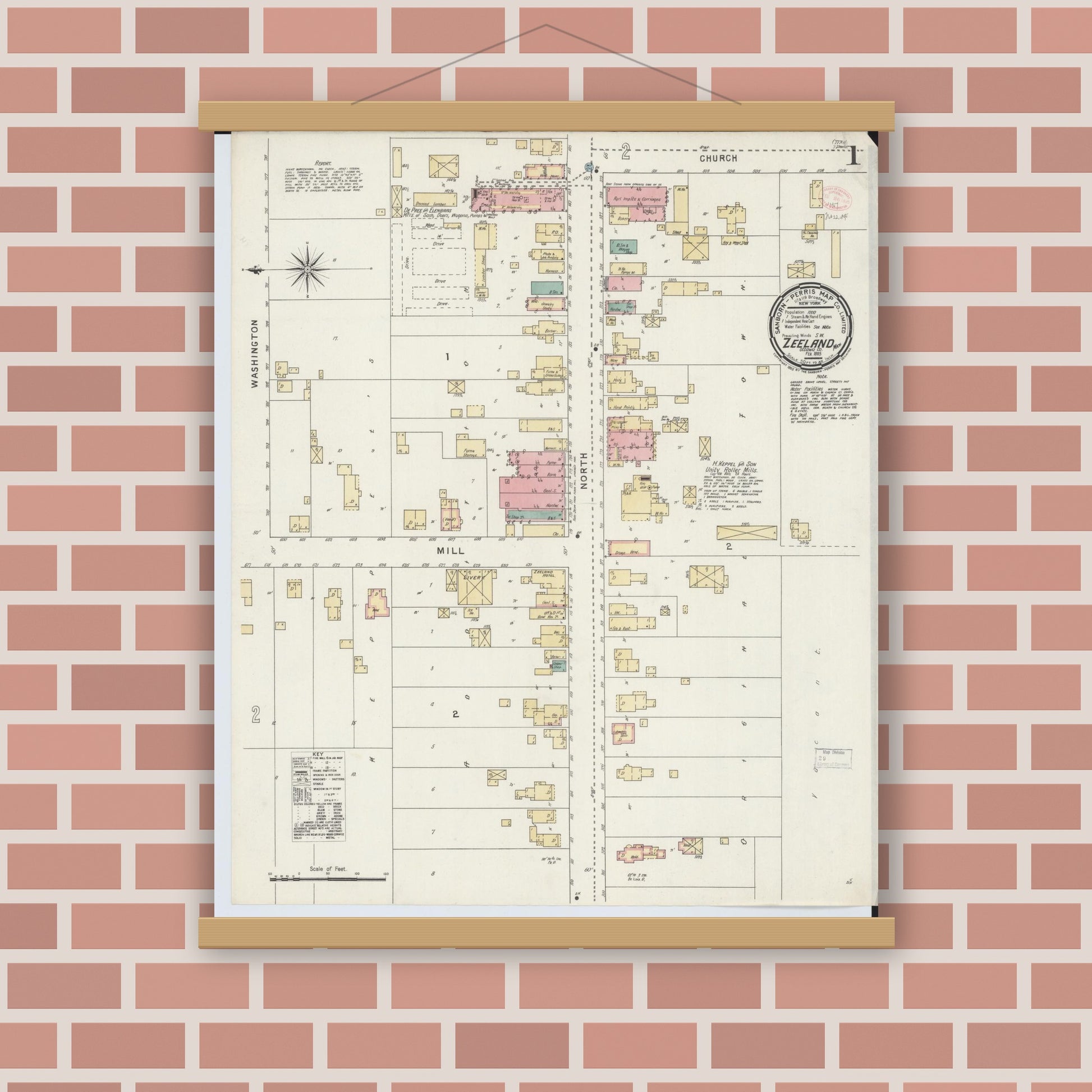 Old map wall art mockup — magnetic wood frame on brick wall — Sanborn Fire Insurance Map from Zeeland, Ottawa County, Michigan (1895) - Complete Map Set