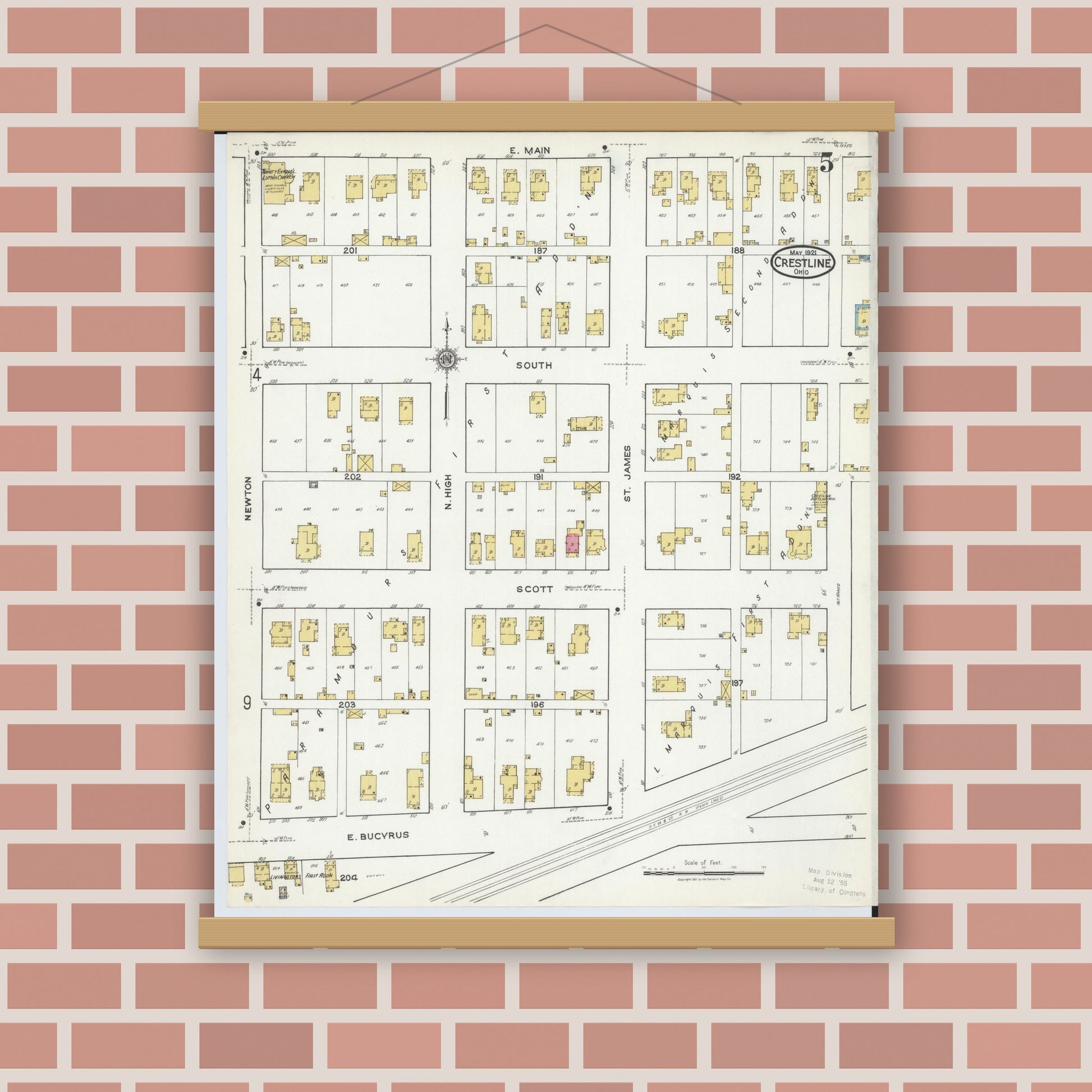 Old map wall art mockup — magnetic wood frame on brick wall — Sanborn Fire Insurance Map from Crestline, Crawford County, Ohio (1921), Sheet #0005