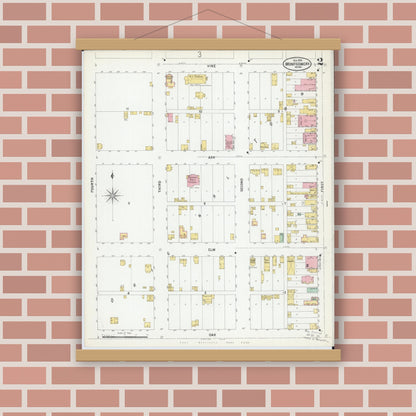 Old map wall art mockup — magnetic wood frame on brick wall — Sanborn Fire Insurance Map from Montgomery, Le Sueur  County, Minnesota (1899), Sheet #0002