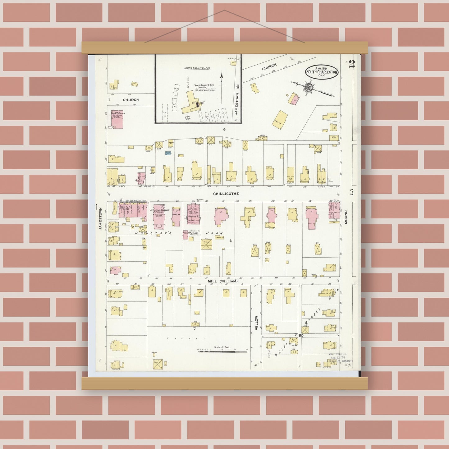 Old map wall art mockup — magnetic wood frame on brick wall — Sanborn Fire Insurance Map from South Charleston, Clark County, Ohio (1910), Sheet #0002