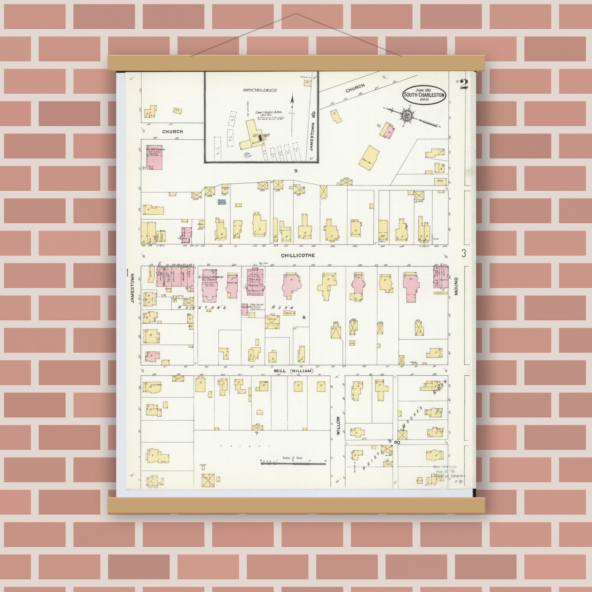 Old map wall art mockup — magnetic wood frame on brick wall — Sanborn Fire Insurance Map from South Charleston, Clark County, Ohio (1910), Sheet #0002