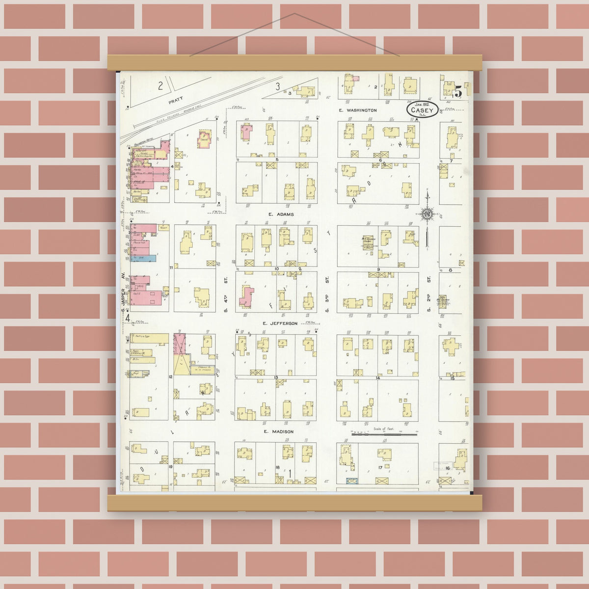 Old map wall art mockup — magnetic wood frame on brick wall — Sanborn Fire Insurance Map from Casey, Clark County, Illinois (1912), Sheet #0005