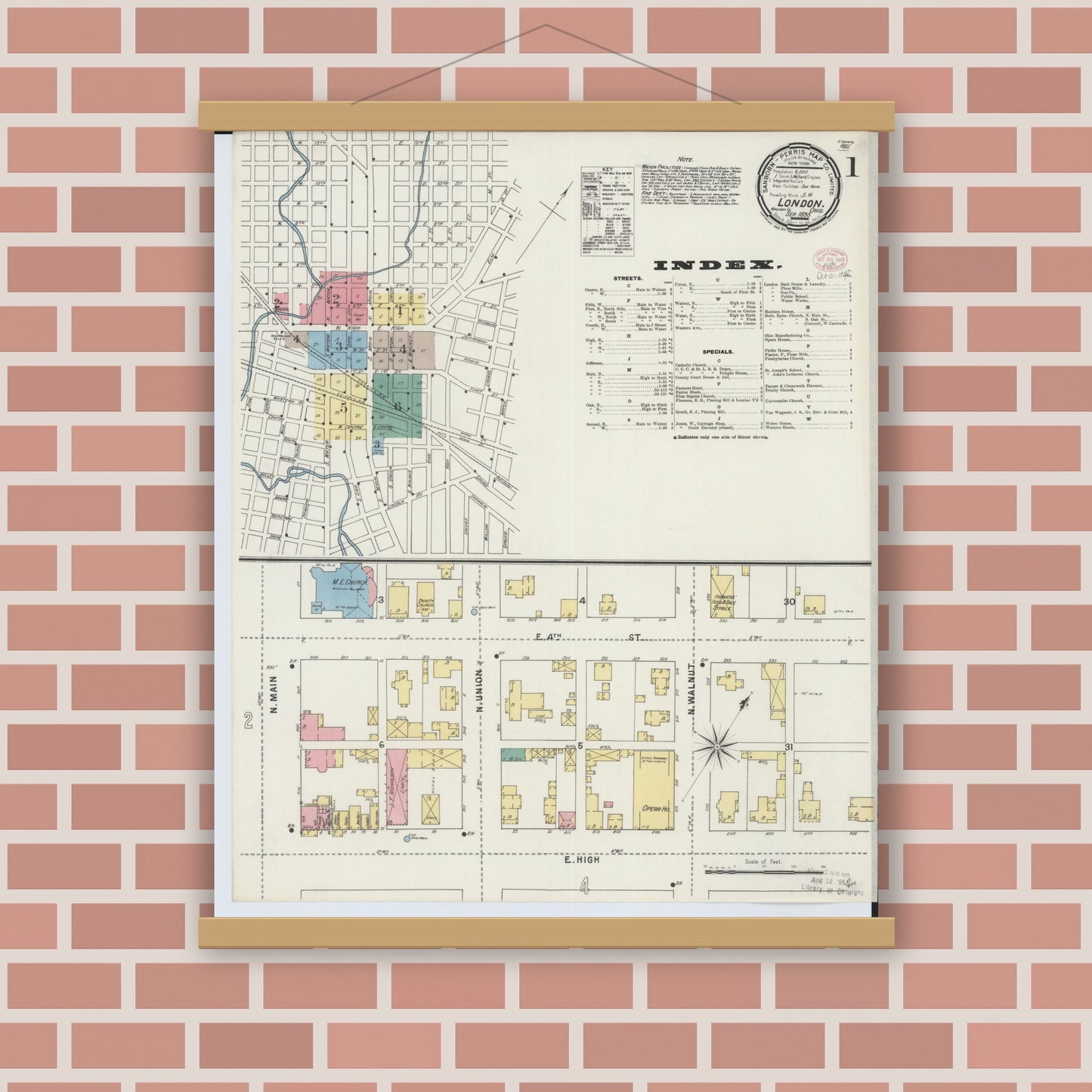 Old map wall art mockup — magnetic wood frame on brick wall — Sanborn Fire Insurance Map from London, Madison County, Ohio (1895) - Complete Map Set