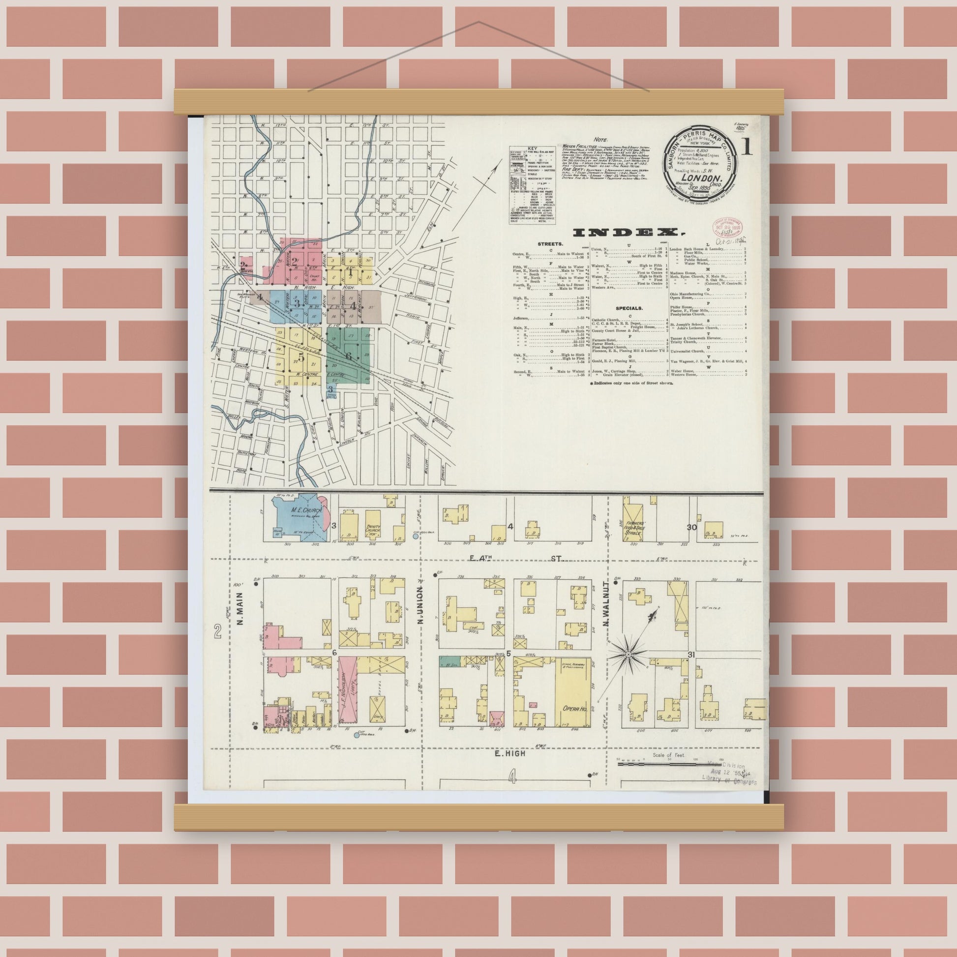 Old map wall art mockup — magnetic wood frame on brick wall — Sanborn Fire Insurance Map from London, Madison County, Ohio (1895) - Complete Map Set