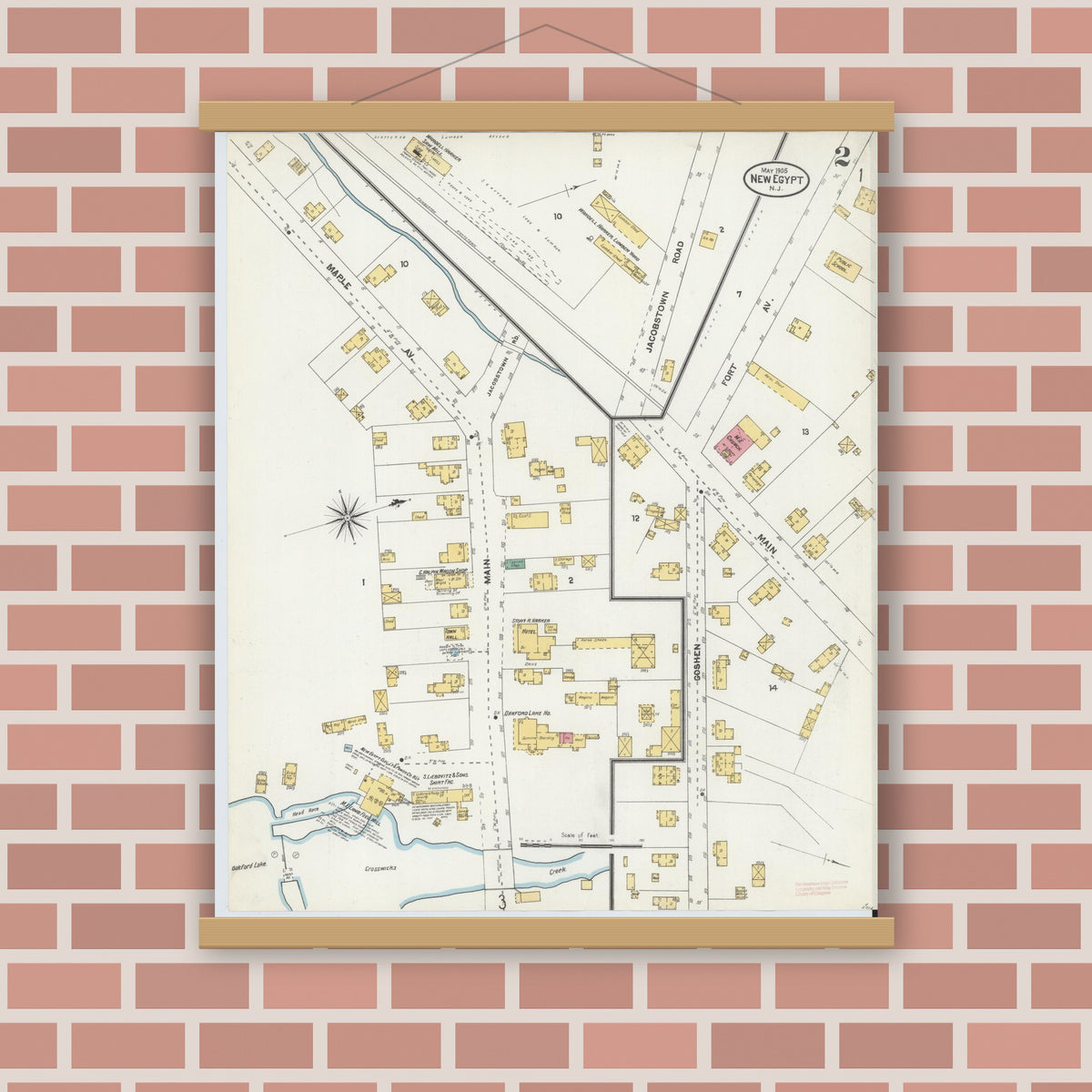 Old map wall art mockup — magnetic wood frame on brick wall — Sanborn Fire Insurance Map from New Egypt, Ocean County, New Jersey (1905), Sheet #0002
