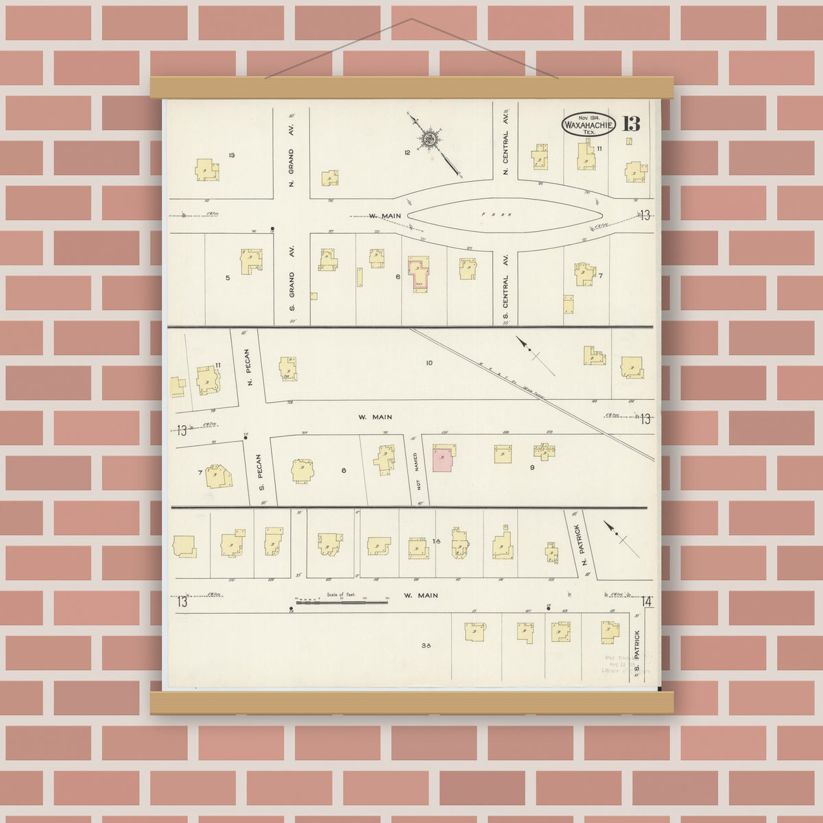 Old map wall art mockup — magnetic wood frame on brick wall — Sanborn Fire Insurance Map from Waxahachie, Ellis County, Texas (1914), Sheet #0013