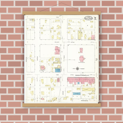 Old map wall art mockup — magnetic wood frame on brick wall — Sanborn Fire Insurance Map from West Union, Fayette County, Iowa (1913), Sheet #0002