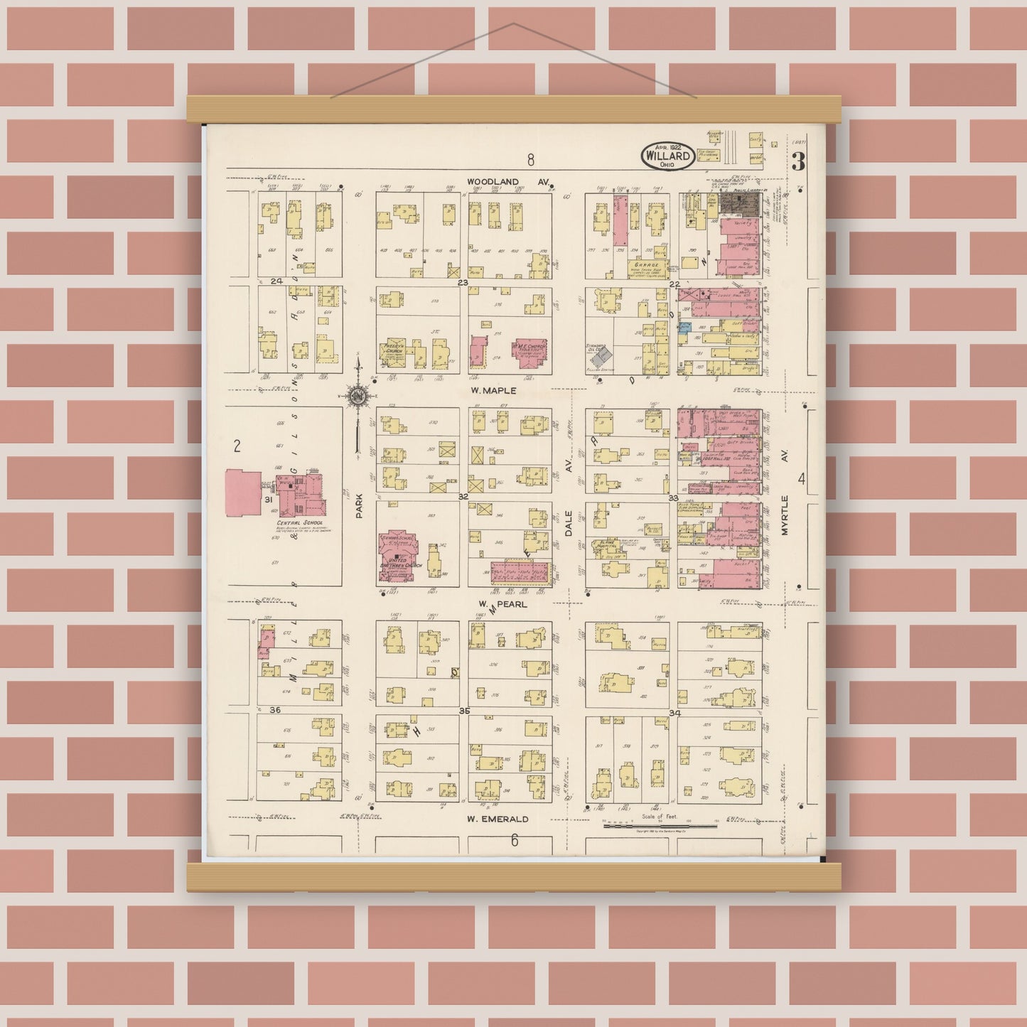 Old map wall art mockup — magnetic wood frame on brick wall — Sanborn Fire Insurance Map from Willard, Huron County, Ohio (1922), Sheet #0003