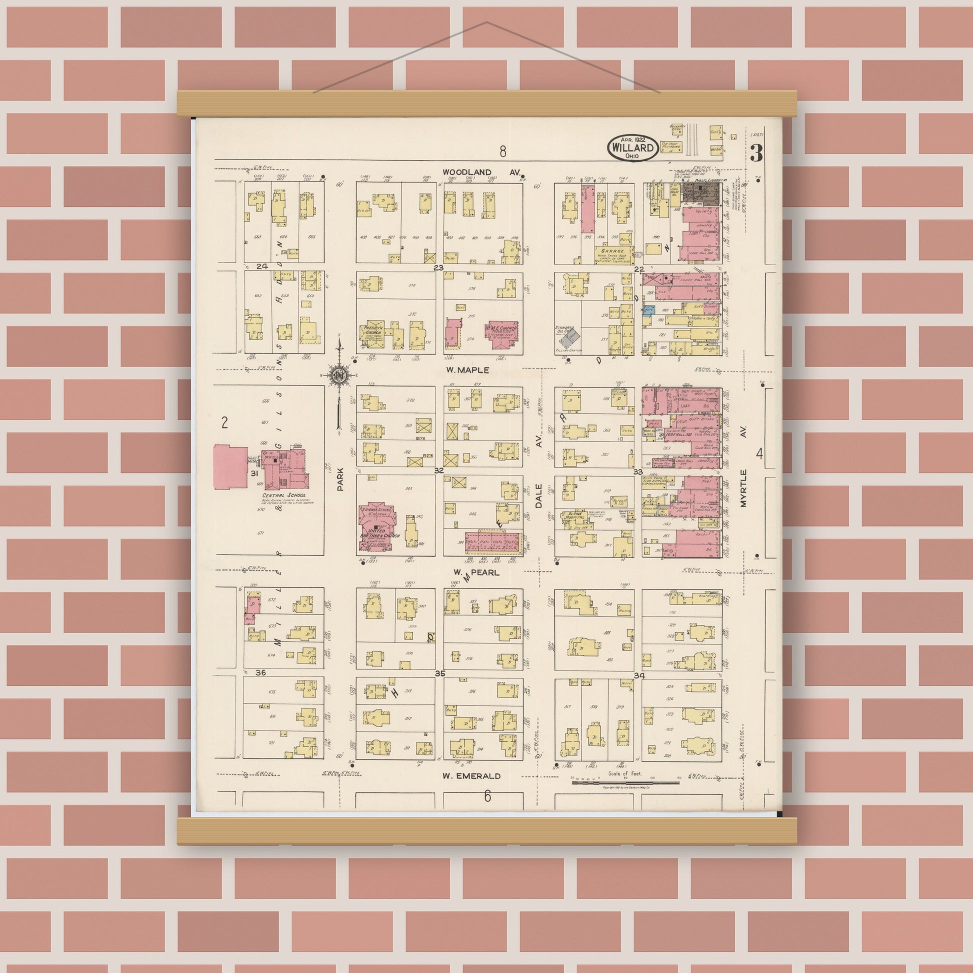 Old map wall art mockup — magnetic wood frame on brick wall — Sanborn Fire Insurance Map from Willard, Huron County, Ohio (1922), Sheet #0003