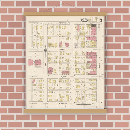 Old map wall art mockup — magnetic wood frame on brick wall — Sanborn Fire Insurance Map from Willard, Huron County, Ohio (1922), Sheet #0003