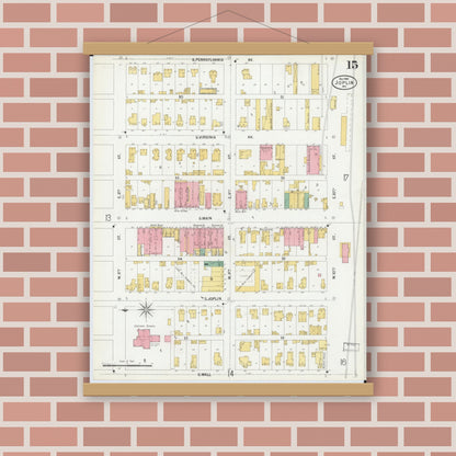 Old map wall art mockup — magnetic wood frame on brick wall — Sanborn Fire Insurance Map from Joplin, Jasper County, Missouri (1900), Sheet #0015