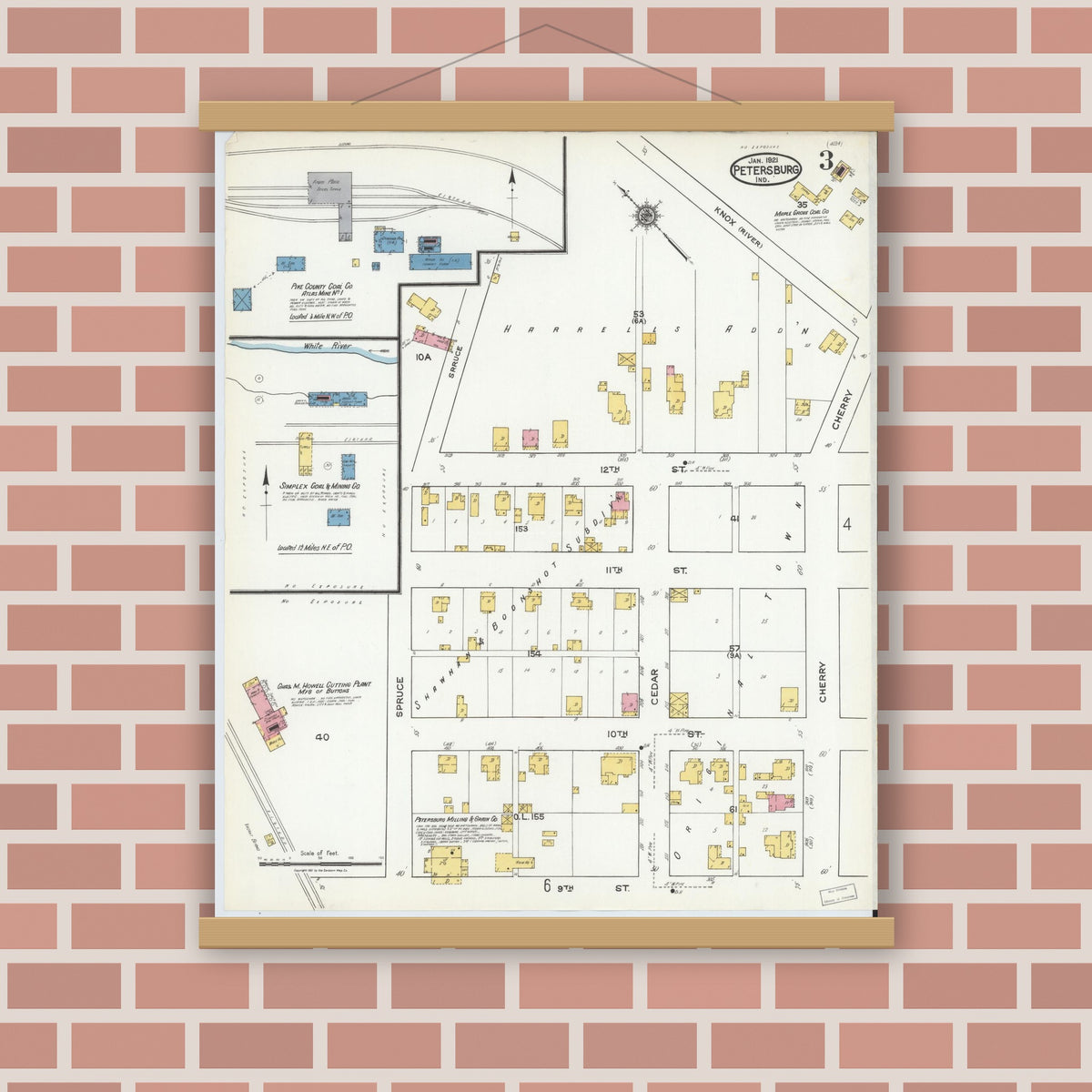 Old map wall art mockup — magnetic wood frame on brick wall — Sanborn Fire Insurance Map from Petersburg, Pike County, Indiana (1921), Sheet #0003
