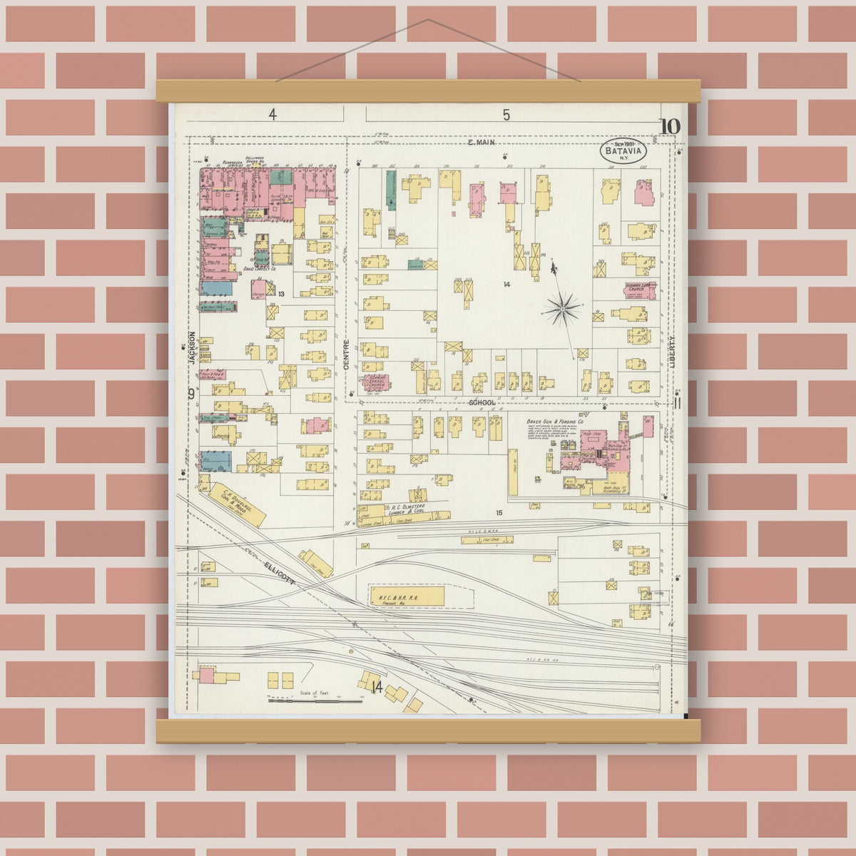 Old map wall art mockup — magnetic wood frame on brick wall — Sanborn Fire Insurance Map from Batavia, Genesee County, New York (1901), Sheet #0010