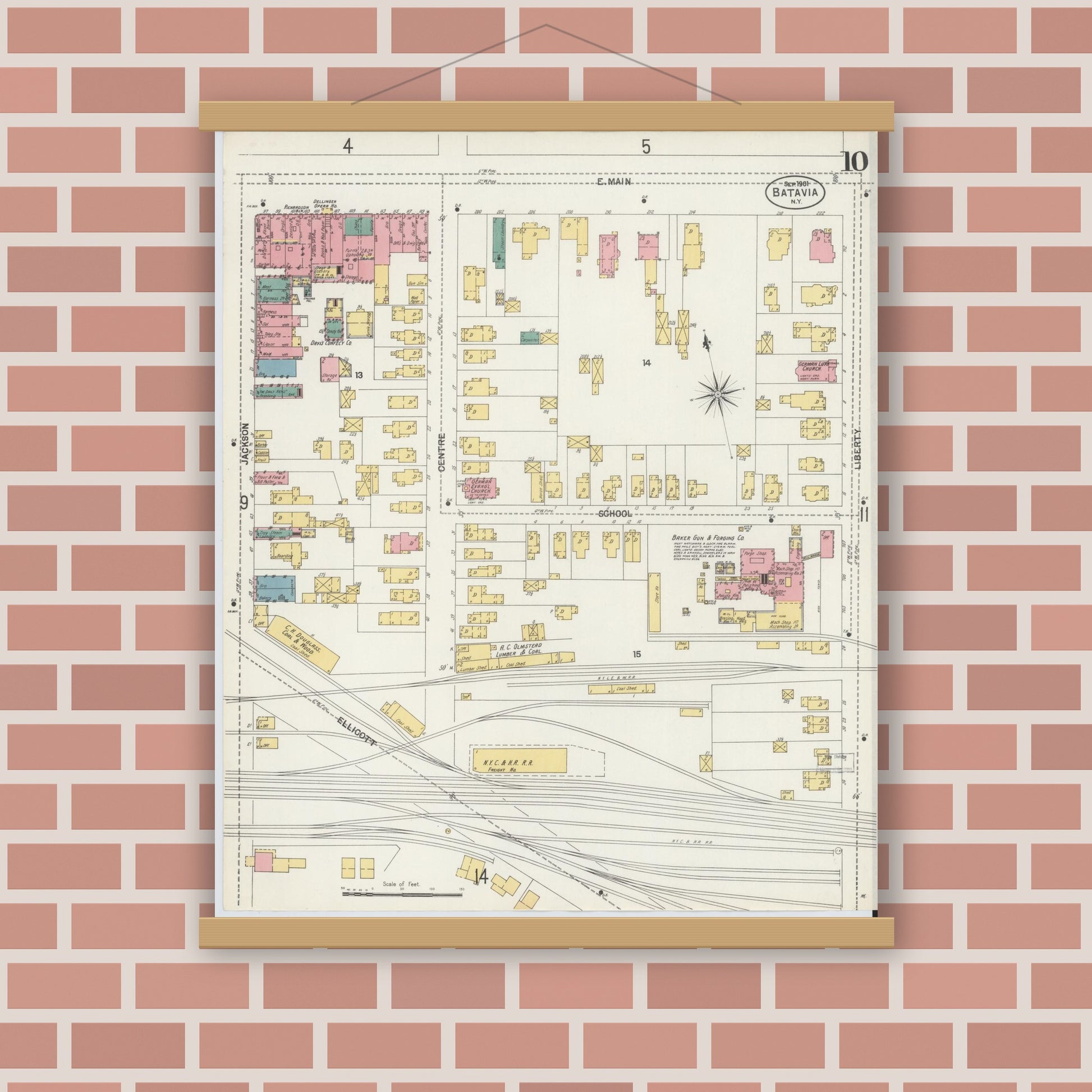 Old map wall art mockup — magnetic wood frame on brick wall — Sanborn Fire Insurance Map from Batavia, Genesee County, New York (1901), Sheet #0010