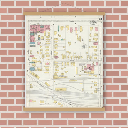 Old map wall art mockup — magnetic wood frame on brick wall — Sanborn Fire Insurance Map from Batavia, Genesee County, New York (1901), Sheet #0010