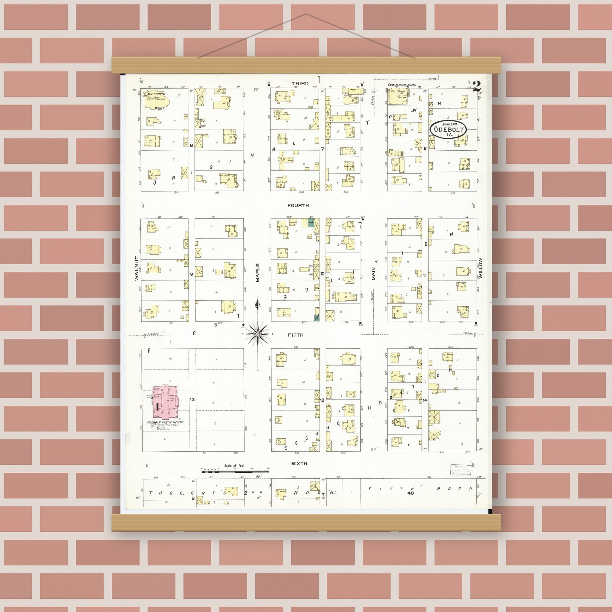 Old map wall art mockup — magnetic wood frame on brick wall — Sanborn Fire Insurance Map from Odebolt, Sac County, Iowa (1909), Sheet #0002