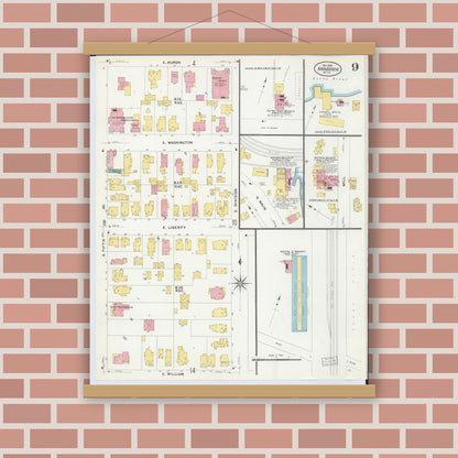 Old map wall art mockup — magnetic wood frame on brick wall — Sanborn Fire Insurance Map from Ann Arbor, Washtenaw County, Michigan (1908), Sheet #0009