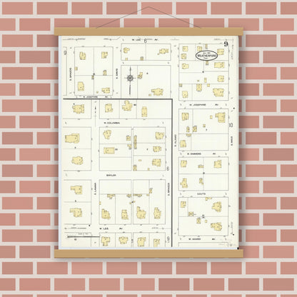 Old map wall art mockup — magnetic wood frame on brick wall — Sanborn Fire Insurance Map from Weatherford, Parker County, Texas (1910), Sheet #0009