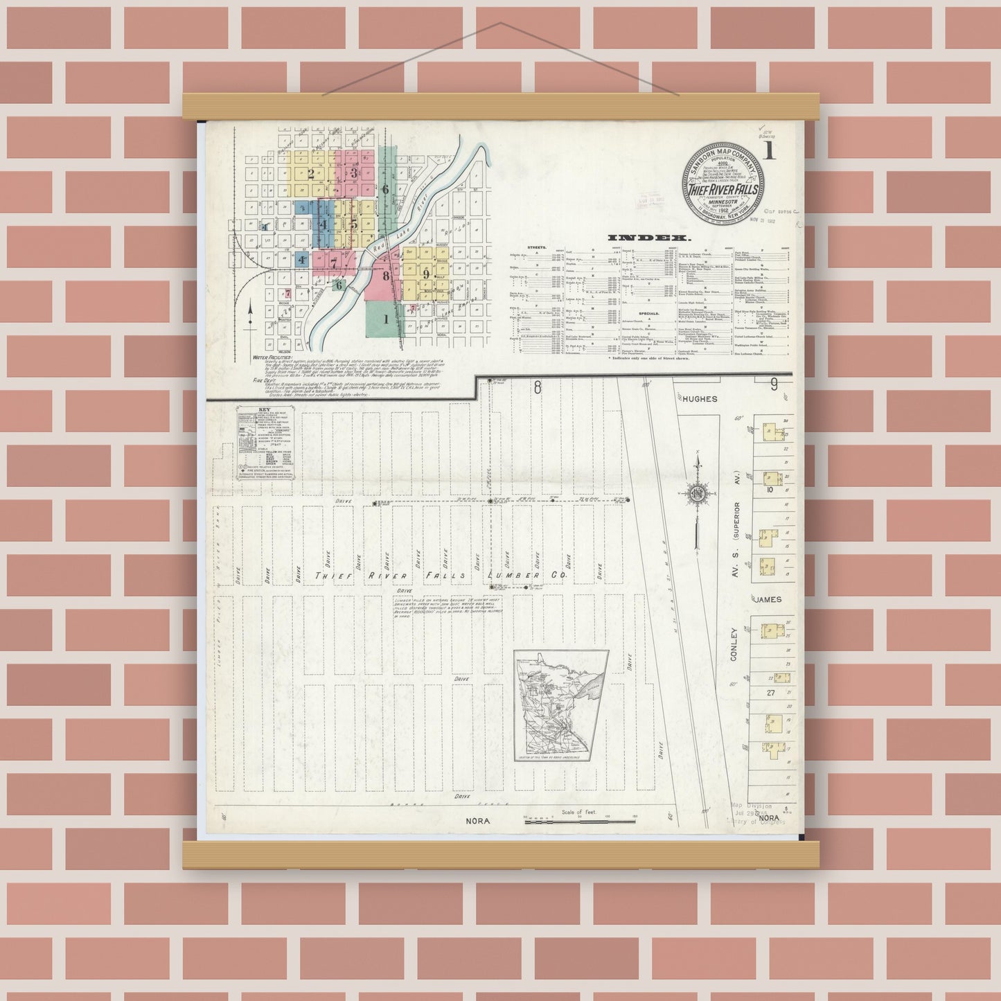 Old map wall art mockup — magnetic wood frame on brick wall — Sanborn Fire Insurance Map from Thief River Falls, Pennington County, Minnesota (1912) - Complete Map Set
