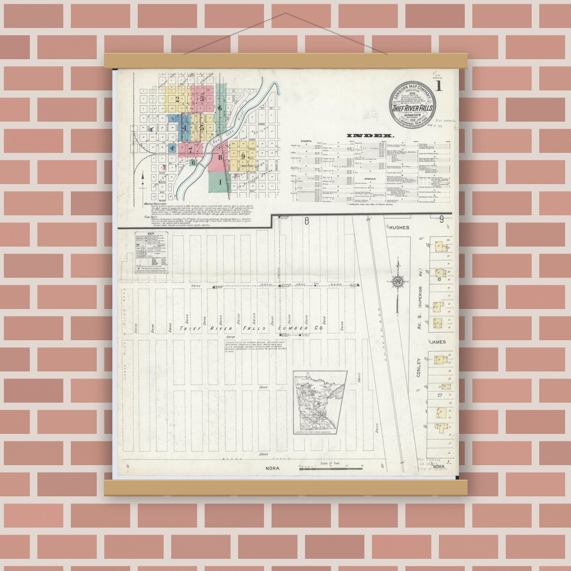 Old map wall art mockup — magnetic wood frame on brick wall — Sanborn Fire Insurance Map from Thief River Falls, Pennington County, Minnesota (1912) - Complete Map Set
