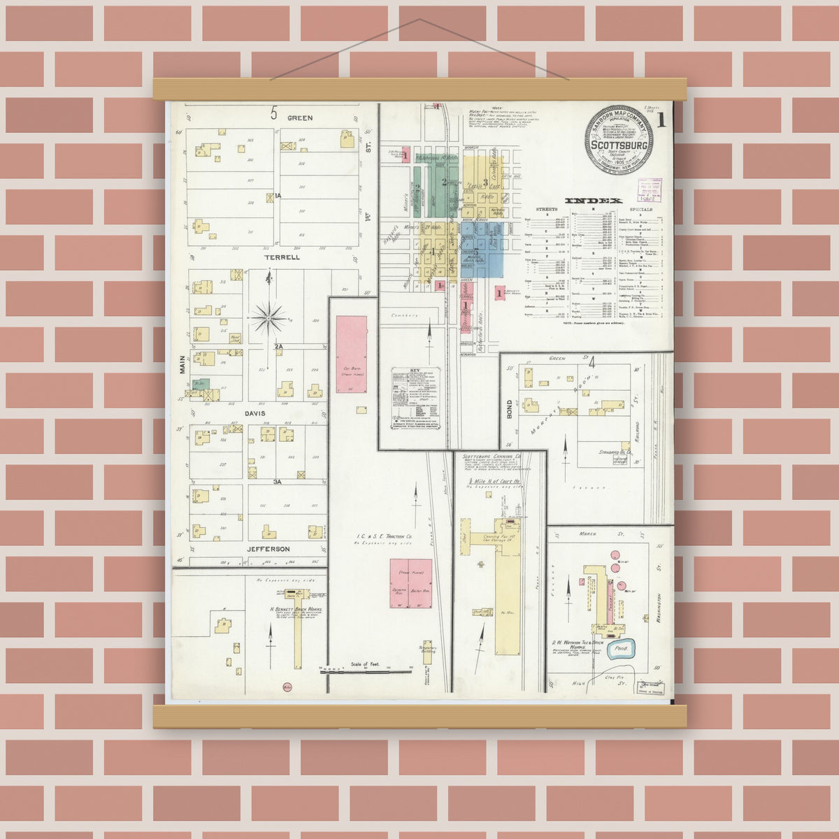 Old map wall art mockup — magnetic wood frame on brick wall — Sanborn Fire Insurance Map from Scottsburg, Scott County, Indiana (1906), Sheet #0001