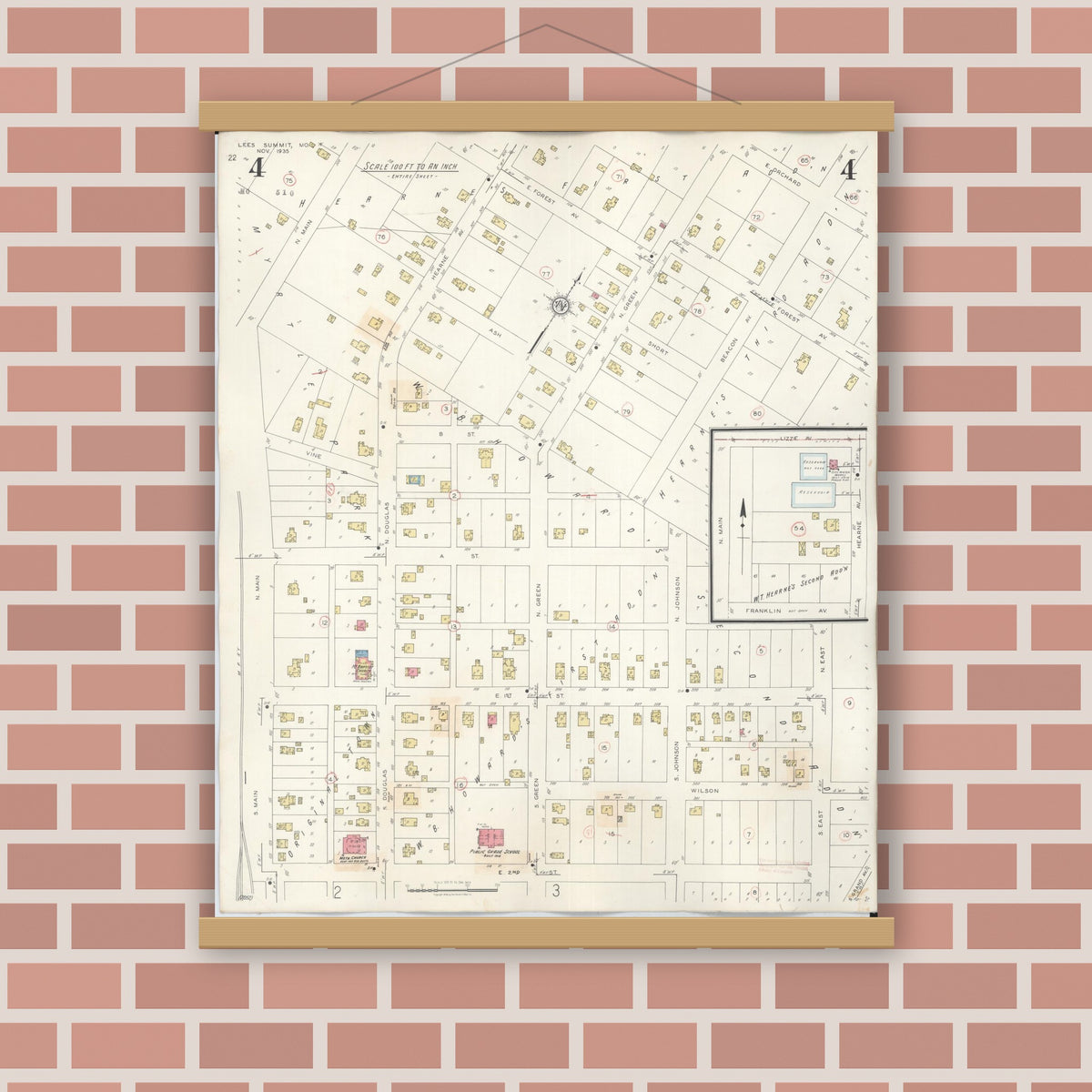 Old map wall art mockup — magnetic wood frame on brick wall — Sanborn Fire Insurance Map from Lee's Summit, Jackson County, Missouri (1945), Sheet #0004