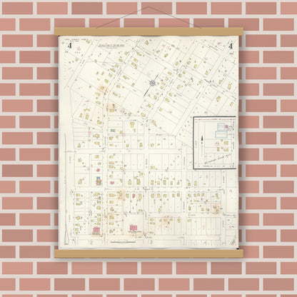 Old map wall art mockup — magnetic wood frame on brick wall — Sanborn Fire Insurance Map from Lee's Summit, Jackson County, Missouri (1945), Sheet #0004