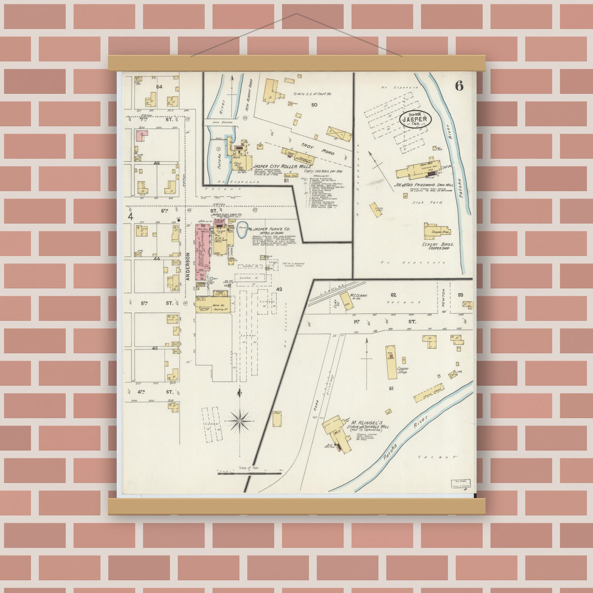 Old map wall art mockup — magnetic wood frame on brick wall — Sanborn Fire Insurance Map from Jasper, Dubois County, Indiana (1898), Sheet #0006