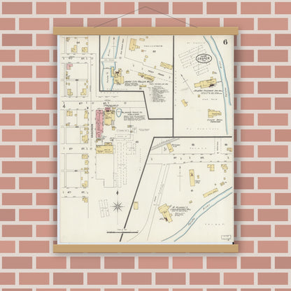 Old map wall art mockup — magnetic wood frame on brick wall — Sanborn Fire Insurance Map from Jasper, Dubois County, Indiana (1898), Sheet #0006