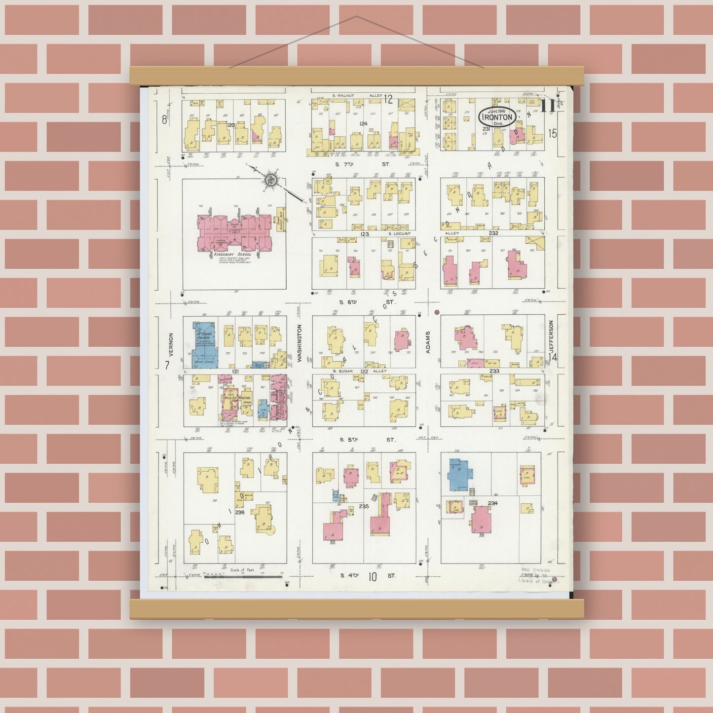 Old map wall art mockup — magnetic wood frame on brick wall — Sanborn Fire Insurance Map from Ironton, Lawrence County, Ohio (1916), Sheet #0011
