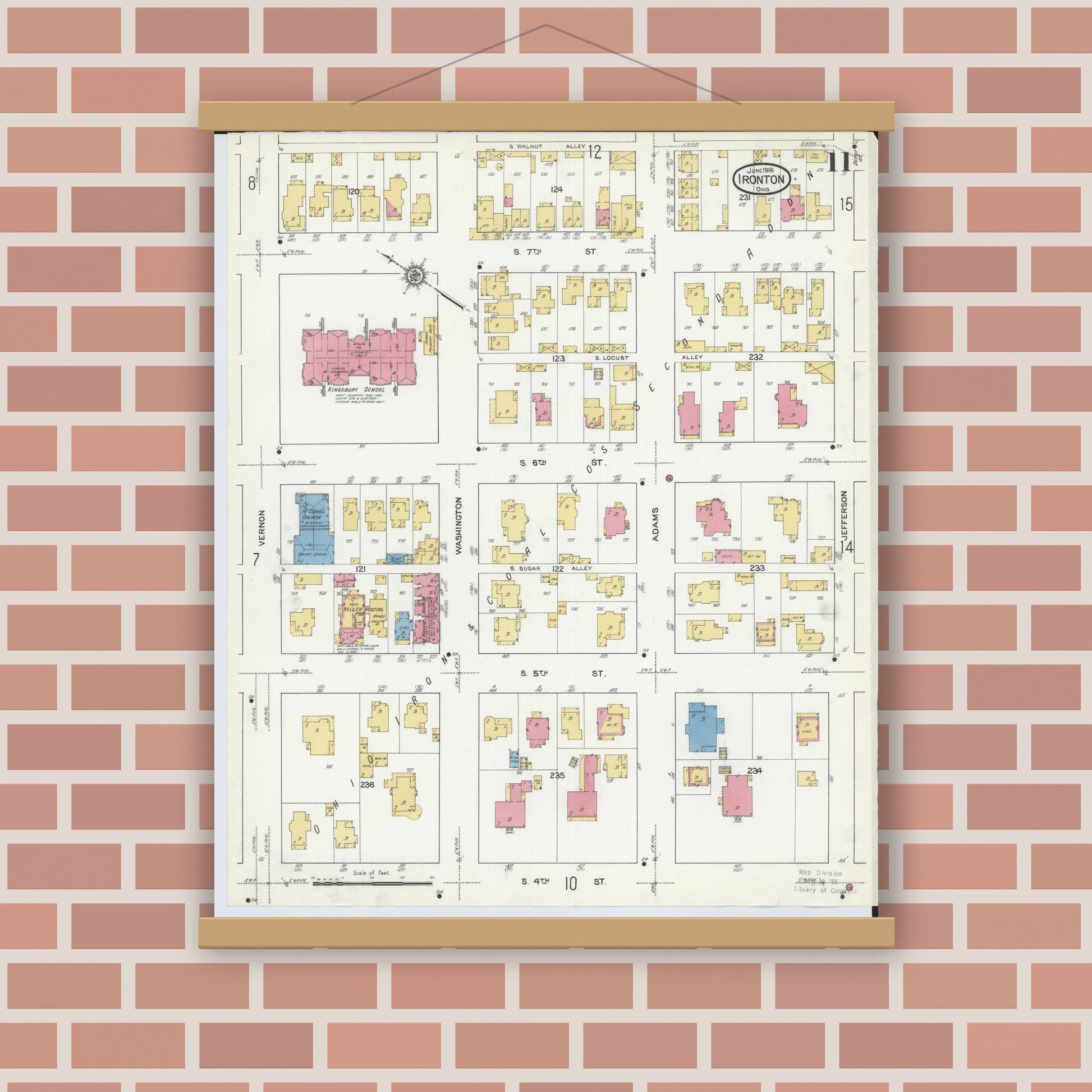 Old map wall art mockup — magnetic wood frame on brick wall — Sanborn Fire Insurance Map from Ironton, Lawrence County, Ohio (1916), Sheet #0011