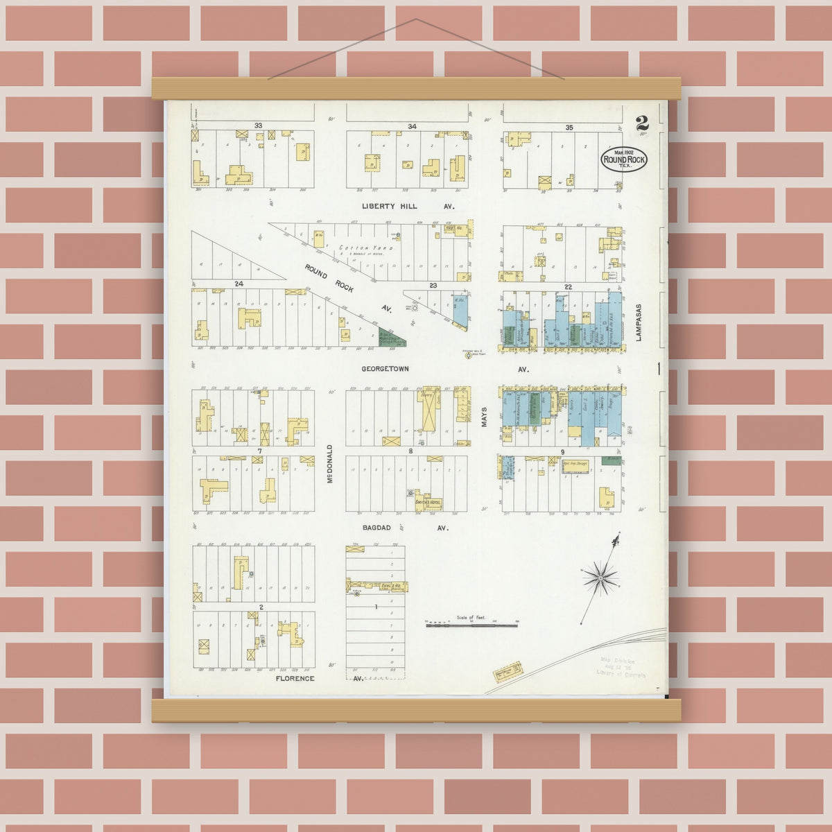 Old map wall art mockup — magnetic wood frame on brick wall — Sanborn Fire Insurance Map from Round Rock, Williamson County, Texas (1902), Sheet #0002