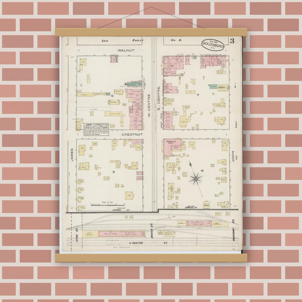 Old map wall art mockup — magnetic wood frame on brick wall — Sanborn Fire Insurance Map from Goldsboro, Wayne County, North Carolina (1885), Sheet #0003