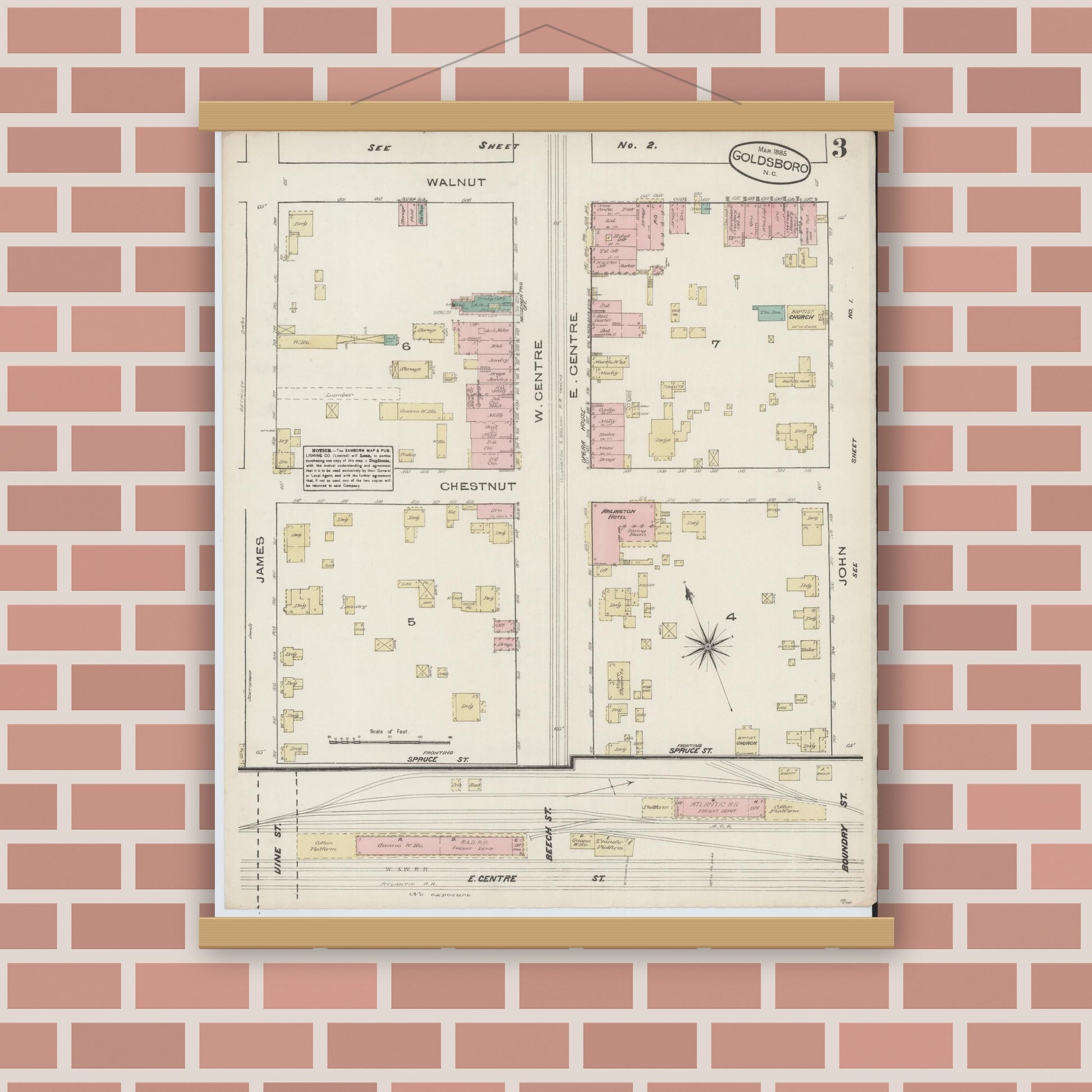 Old map wall art mockup — magnetic wood frame on brick wall — Sanborn Fire Insurance Map from Goldsboro, Wayne County, North Carolina (1885), Sheet #0003