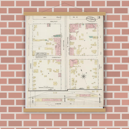 Old map wall art mockup — magnetic wood frame on brick wall — Sanborn Fire Insurance Map from Goldsboro, Wayne County, North Carolina (1885), Sheet #0003