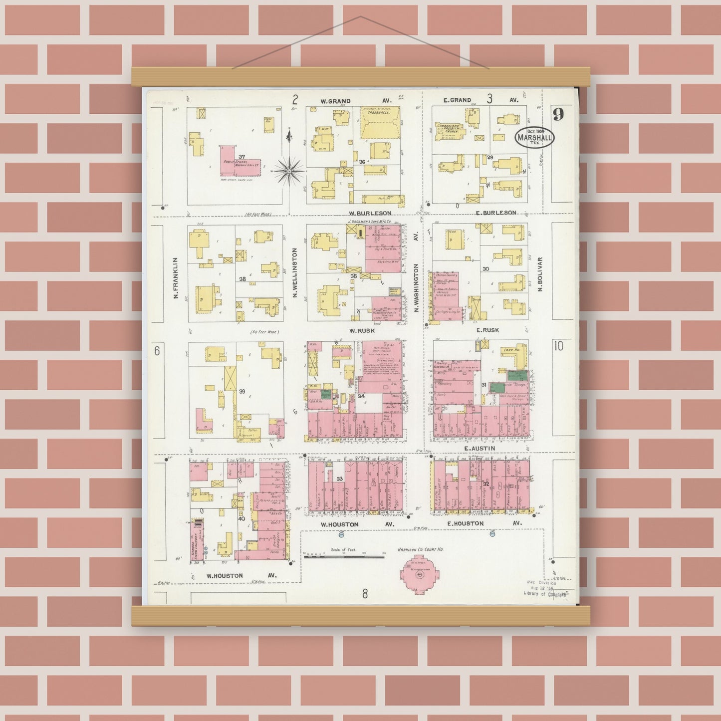 Old map wall art mockup — magnetic wood frame on brick wall — Sanborn Fire Insurance Map from Marshall, Harrison County, Texas (1904), Sheet #0009