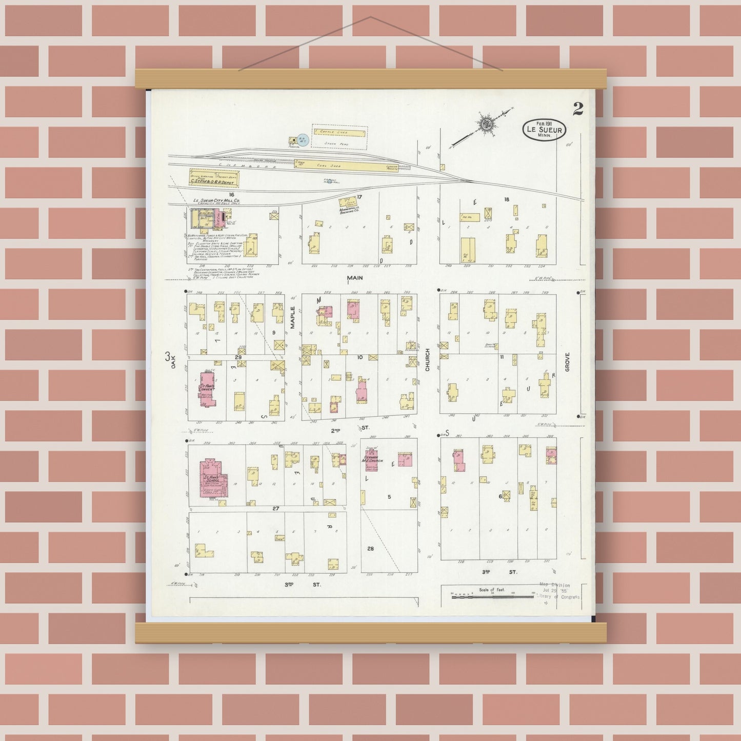 Old map wall art mockup — magnetic wood frame on brick wall — Sanborn Fire Insurance Map from Le Sueur, Le Sueur County, Minnesota (1911), Sheet #0002