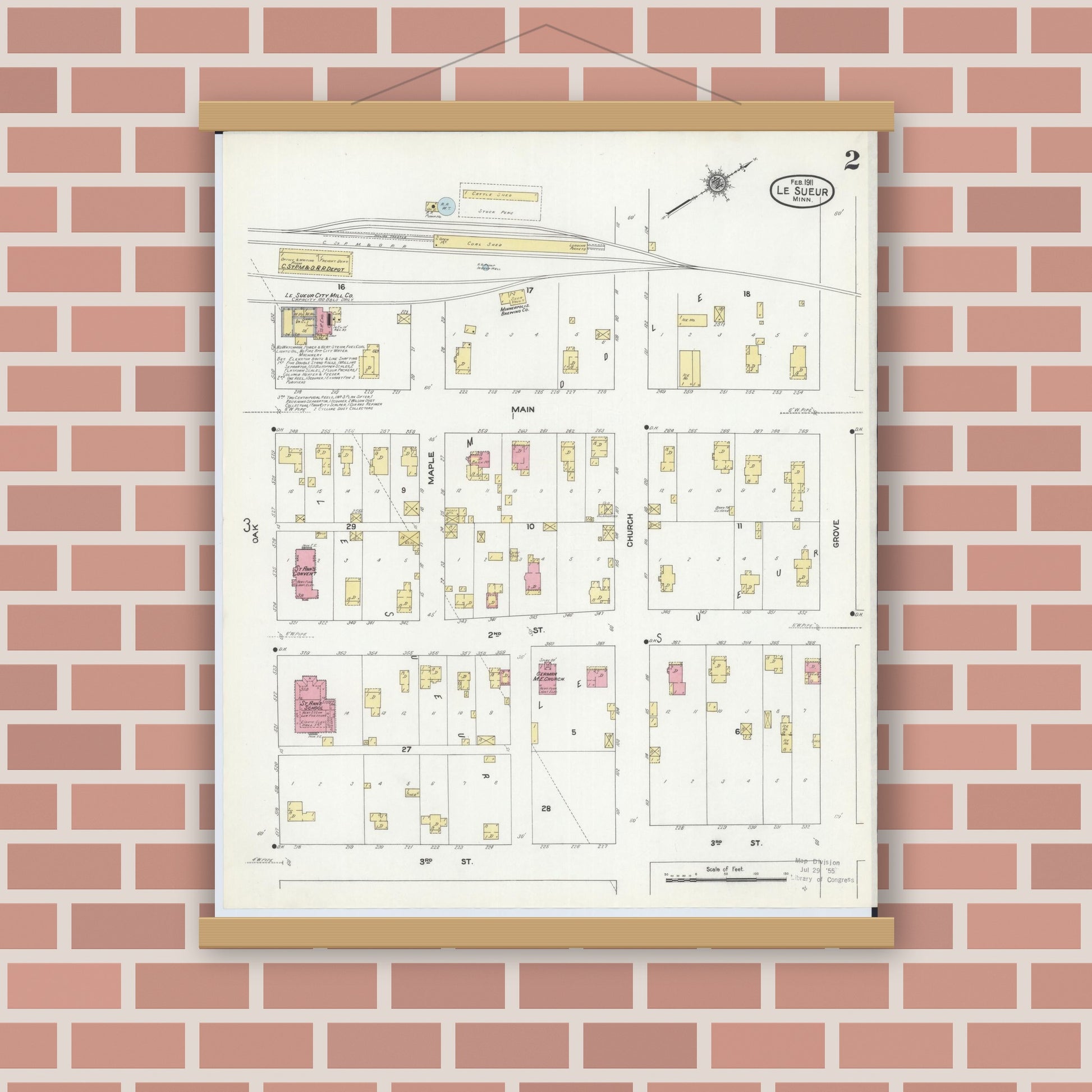 Old map wall art mockup — magnetic wood frame on brick wall — Sanborn Fire Insurance Map from Le Sueur, Le Sueur County, Minnesota (1911), Sheet #0002