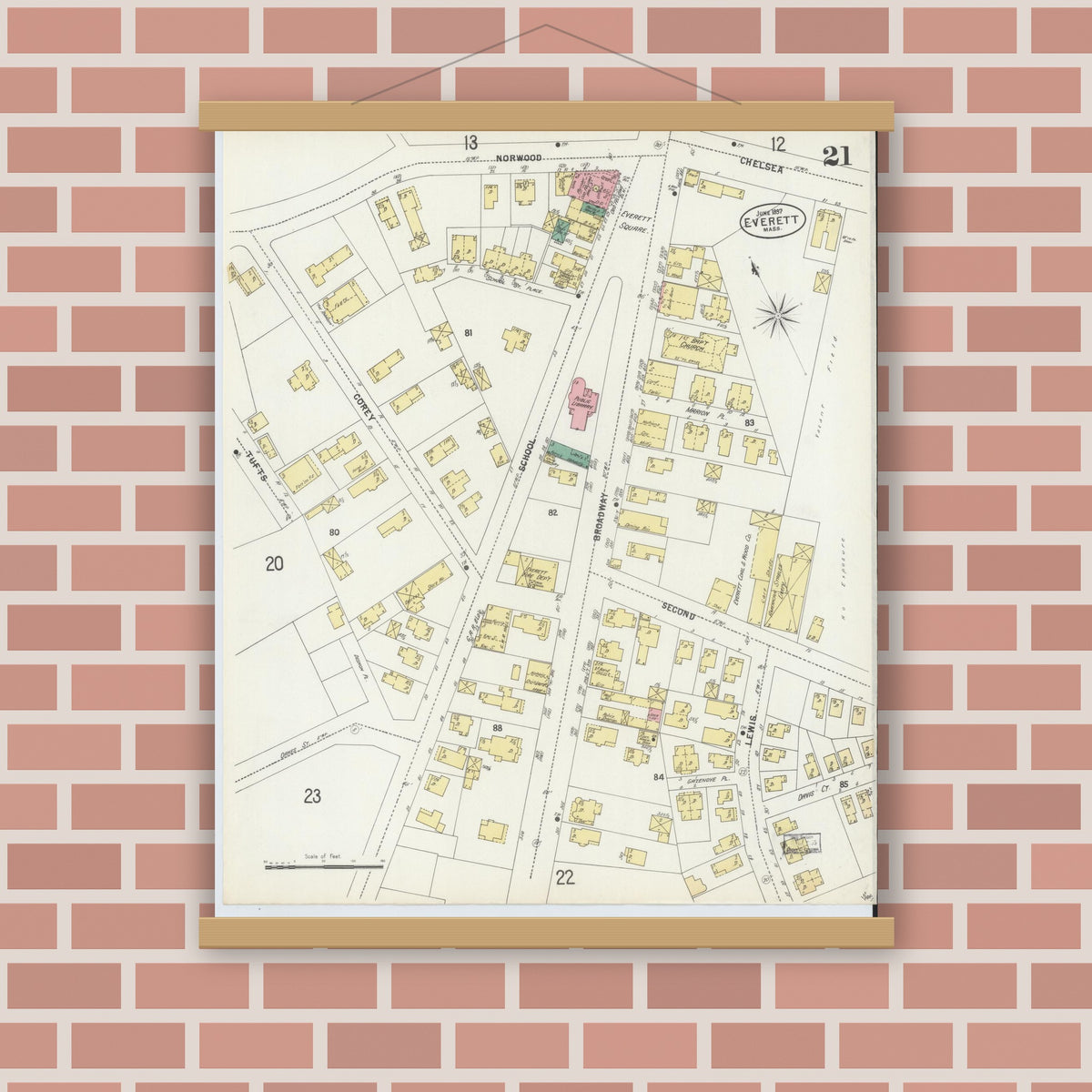 Old map wall art mockup — magnetic wood frame on brick wall — Sanborn Fire Insurance Map from Everett, Middlesex County, Massachusetts (1897), Sheet #0021