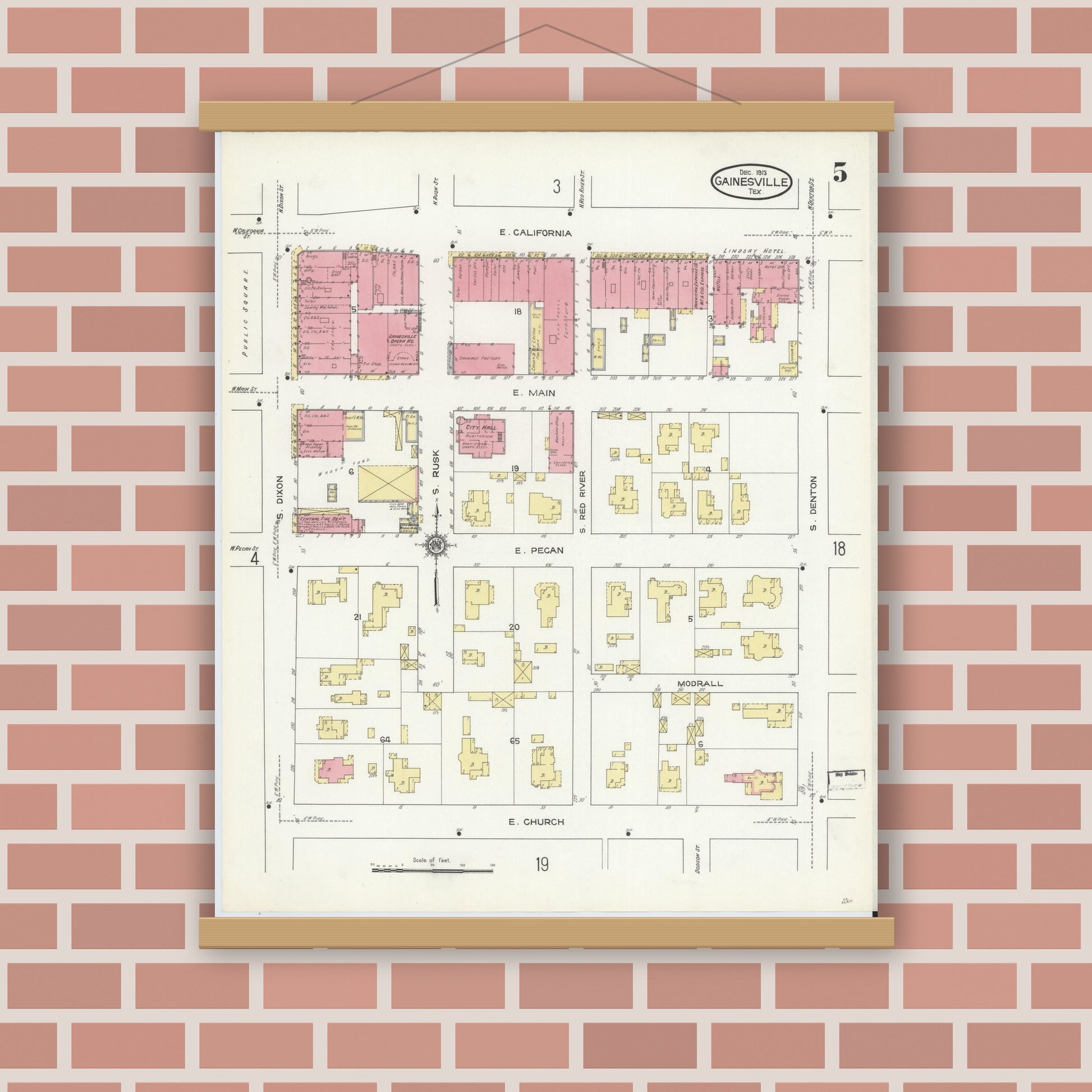 Old map wall art mockup — magnetic wood frame on brick wall — Sanborn Fire Insurance Map from Gainesville, Cooke County, Texas (1913), Sheet #0005