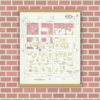 Old map wall art mockup — magnetic wood frame on brick wall — Sanborn Fire Insurance Map from Gainesville, Cooke County, Texas (1913), Sheet #0005