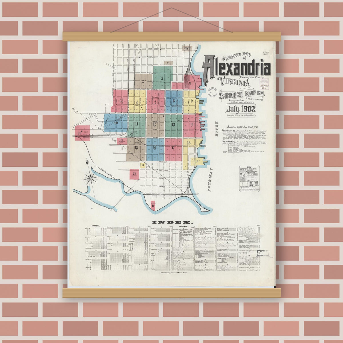 Old map wall art mockup — magnetic wood frame on brick wall — Sanborn Fire Insurance Map from Alexandria, Independent Cities, Virginia (1902), Sheet #0001
