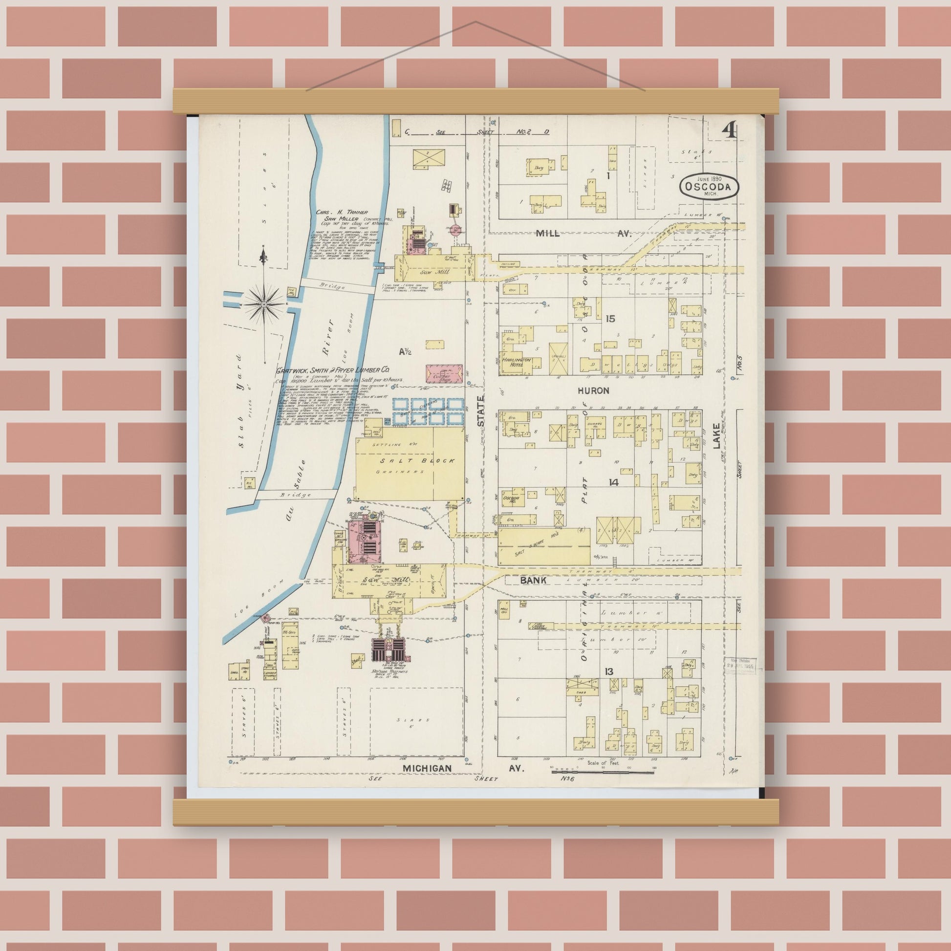 Old map wall art mockup — magnetic wood frame on brick wall — Sanborn Fire Insurance Map from Oscoda, Iosco County, Michigan (1890), Sheet #0004
