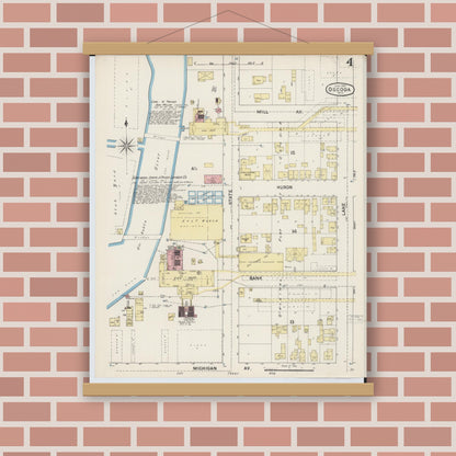 Old map wall art mockup — magnetic wood frame on brick wall — Sanborn Fire Insurance Map from Oscoda, Iosco County, Michigan (1890), Sheet #0004