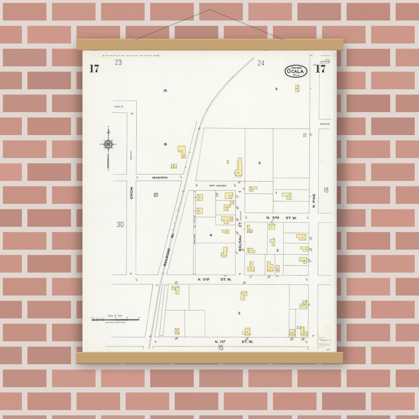 Old map wall art mockup — magnetic wood frame on brick wall — Sanborn Fire Insurance Map from Ocala, Marion County, Florida (1924), Sheet #0017