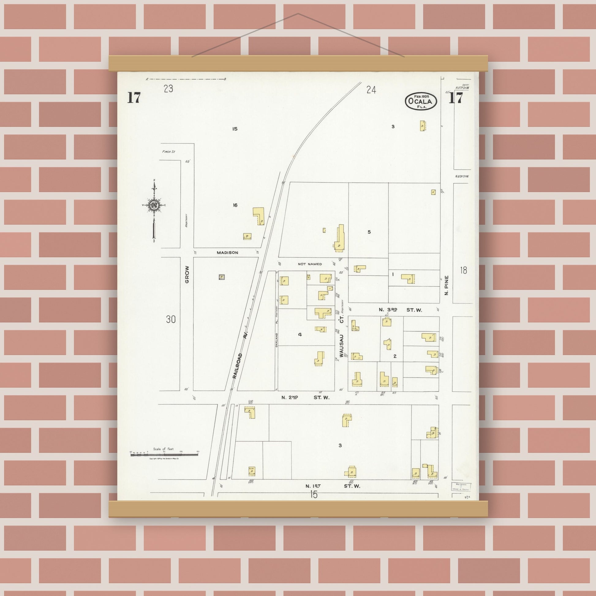 Old map wall art mockup — magnetic wood frame on brick wall — Sanborn Fire Insurance Map from Ocala, Marion County, Florida (1924), Sheet #0017